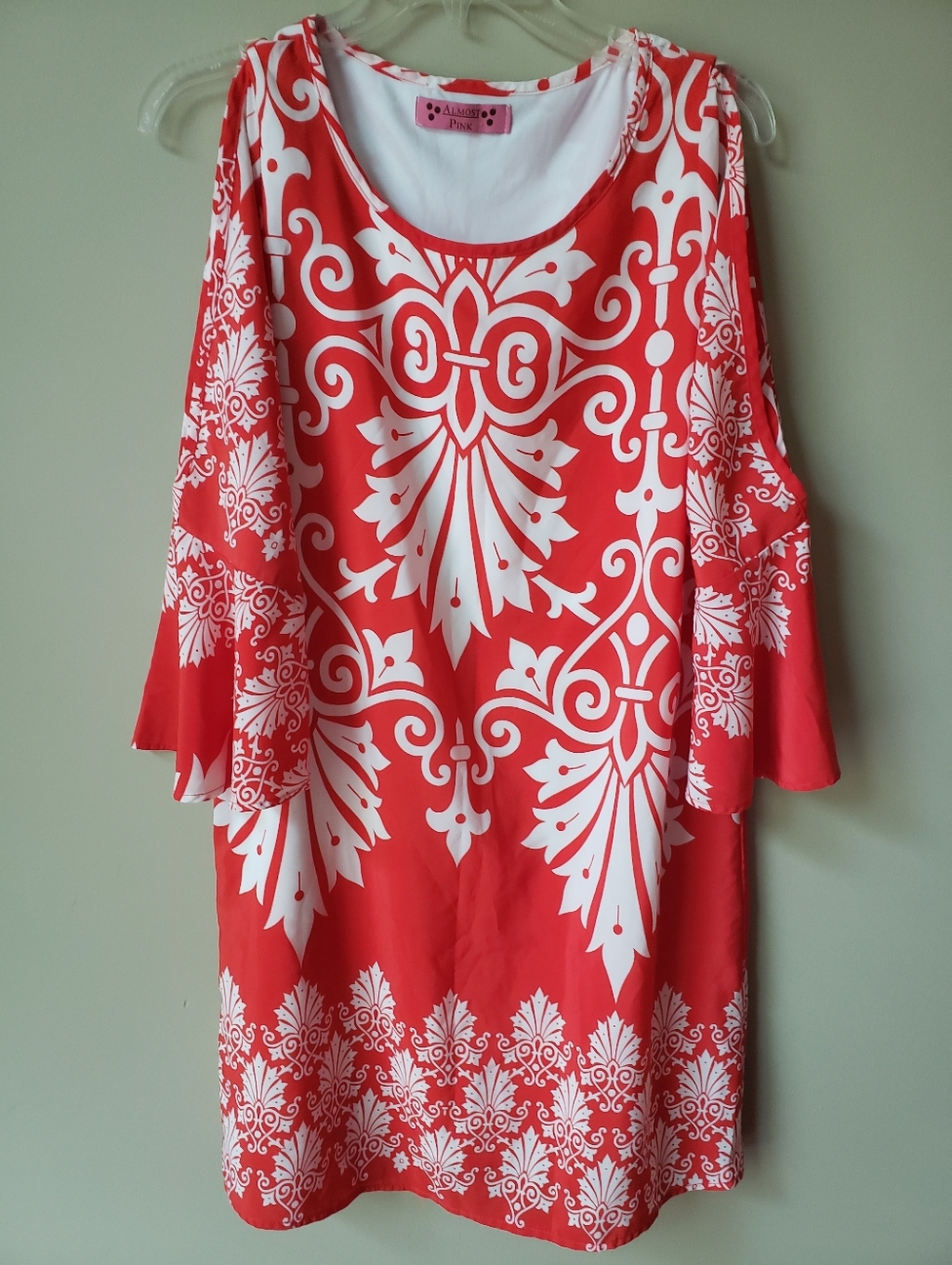 Orange/White Shift Dress w/ Slit Bell Sleeves by Almost Pink